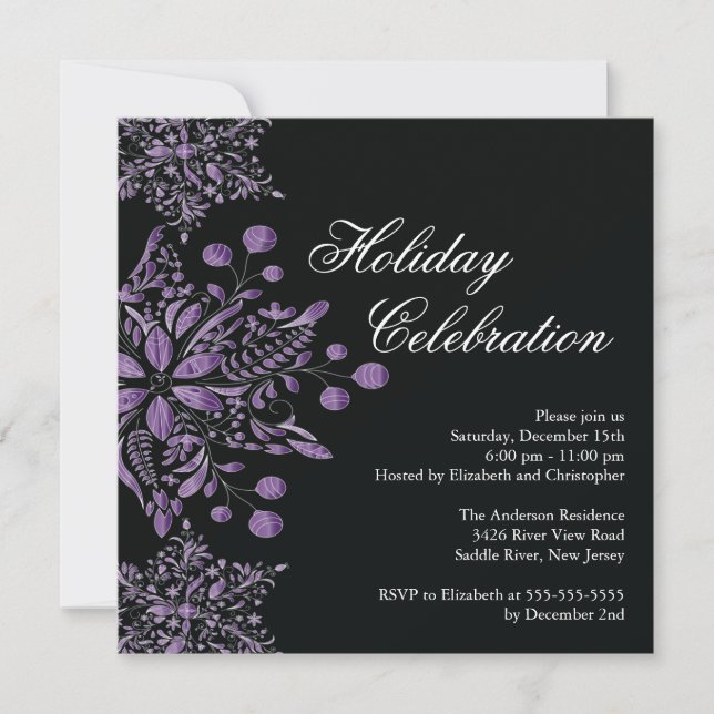 Fancy Black Jewel Snowflakes Holiday Party Invitation (Front)