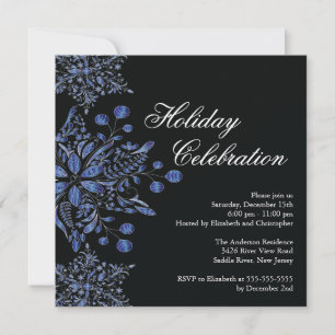 Fancy Black Jewel Snowflakes Holiday Party Invitation
