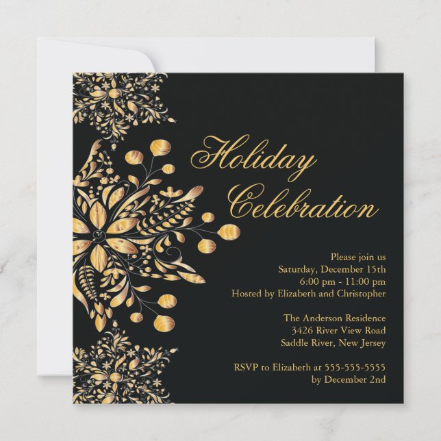 Fancy Black Jewel Snowflakes Holiday Party Invitation (Front)