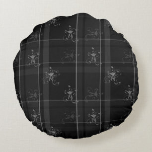 Fancy Black Plaid Cotton Round Throw Pillow (16")
