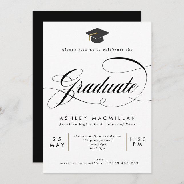 Fancy Black & White Graduation Party Invitation (Front/Back)