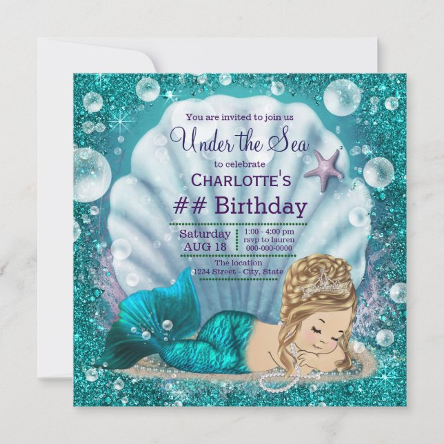 Fancy Blonde Mermaid Birthday Party Invitation (Front)