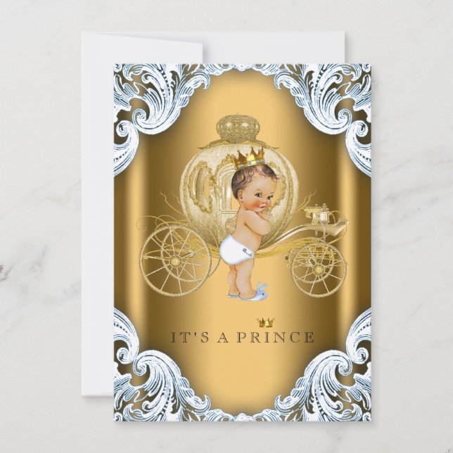 Fancy Blue and Gold Carriage Prince Baby Shower Invitation (Front)
