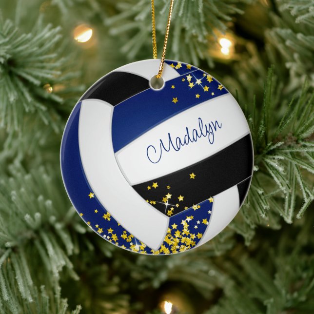 fancy blue black volleyball w gold stars ceramic ornament (Tree)