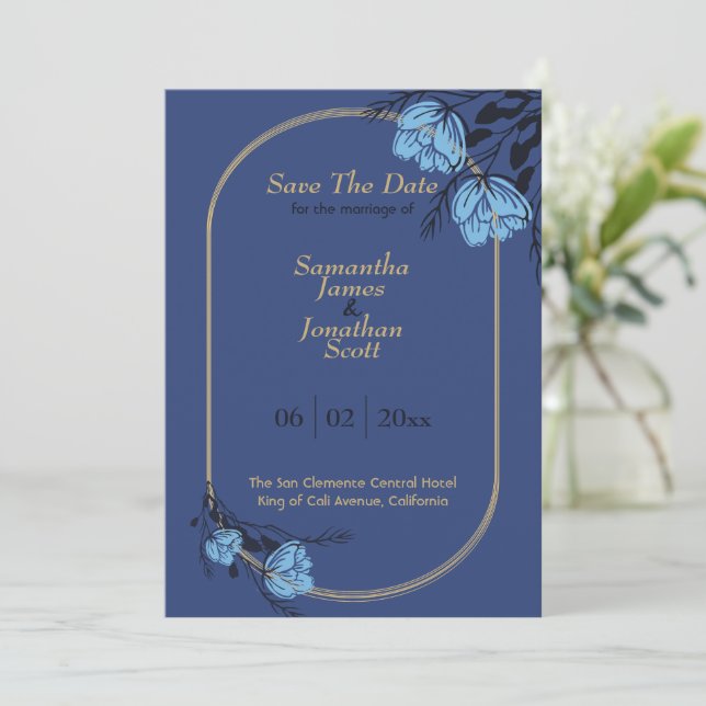 Fancy Blue Flower Wedding Save The Date Invitation (Standing Front)