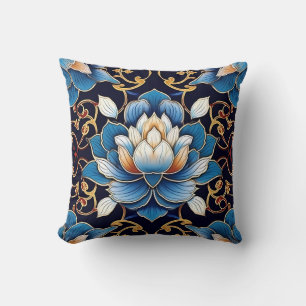 Fancy Blue Lotus Tile Pattern Throw Pillow