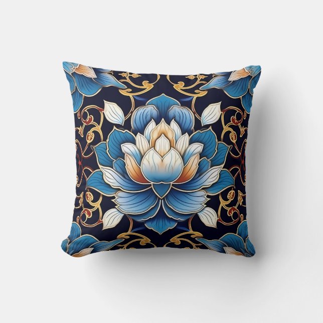 Fancy Blue Lotus Tile Pattern  Throw Pillow (Front)