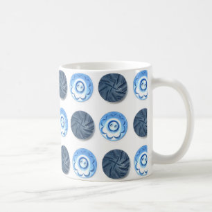 Fancy Blue Sewing Buttons on White Pattern Coffee Mug