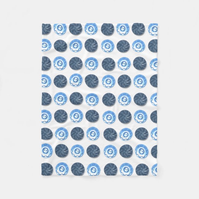 Fancy Blue Sewing Buttons on White Pattern Fleece Blanket (Front)
