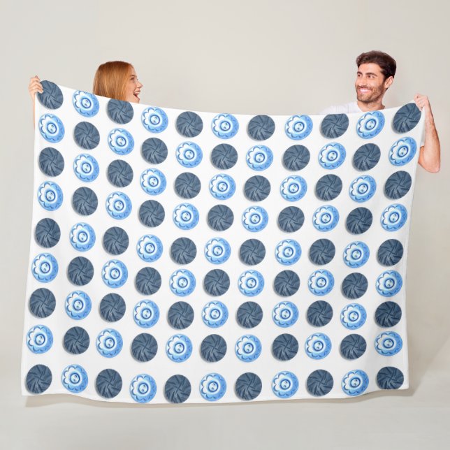Fancy Blue Sewing Buttons Pattern on White Fleece Blanket (In Situ)