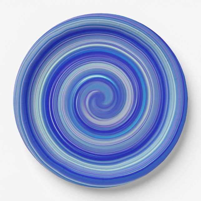Fancy blue spiral paper plate (Front)
