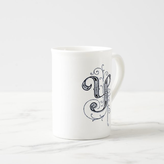 Fancy Blue Vintage Monogram 'Y' Bone China Mug (Front Right)