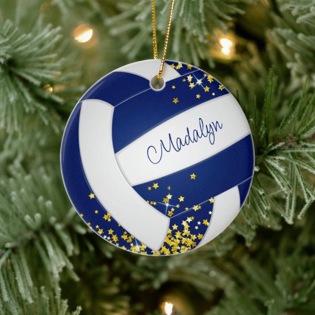 fancy blue white volleyball w gold stars ceramic ornament (Tree)