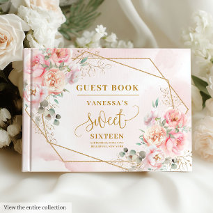 Fancy Boho Light Pink Gold Flowers Sweet Sixteen Guest Book