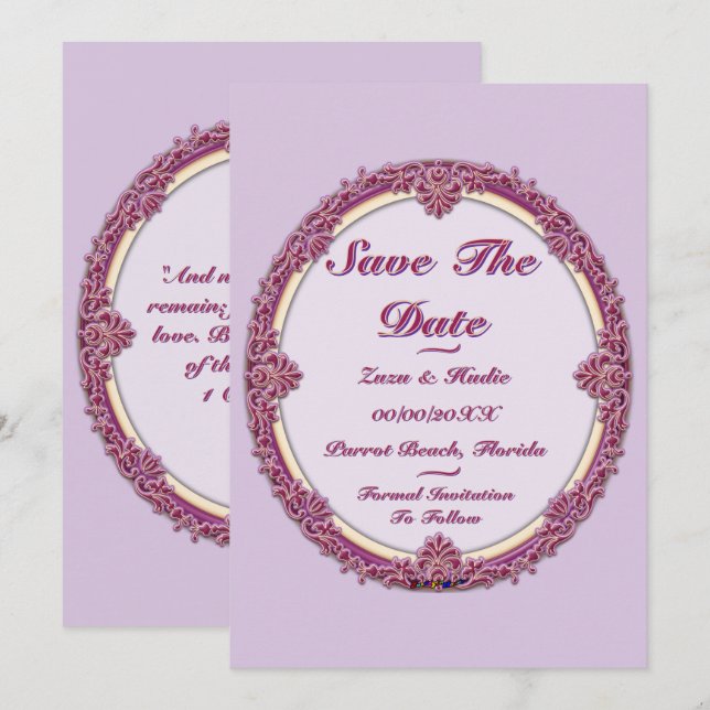 Fancy Border Purple/Pink And Cream Personalize Save The Date (Front/Back)