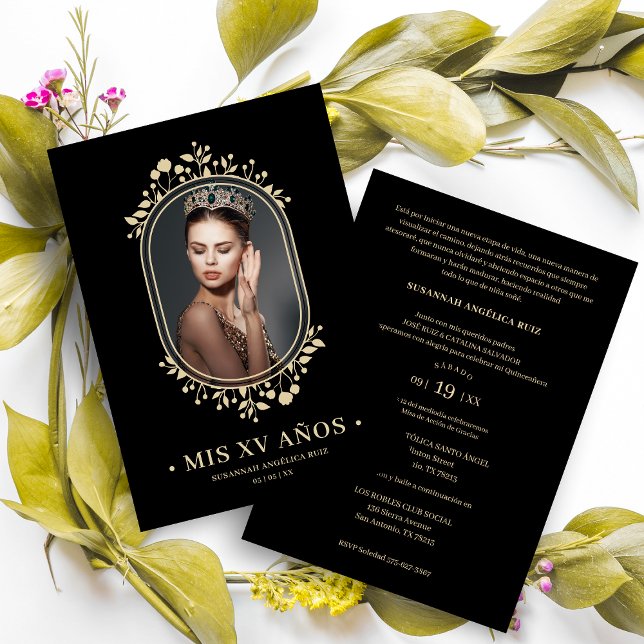 Fancy Botanical Oval Frame Spanish Quinceañera Invitation (Creator Uploaded)