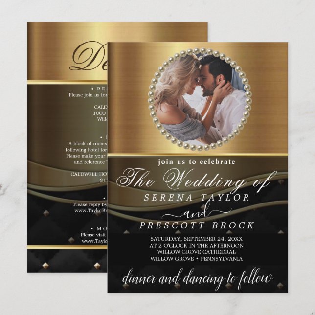 Fancy Brushed Gold Photo Wedding Invitation (Front/Back)