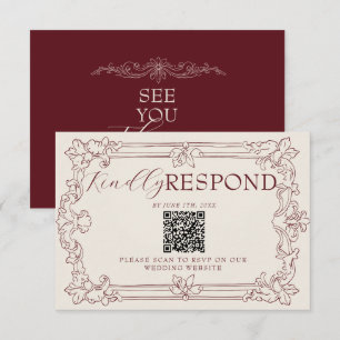 Fancy Burgundy Floral Old Money QR Code Wedding RSVP Card