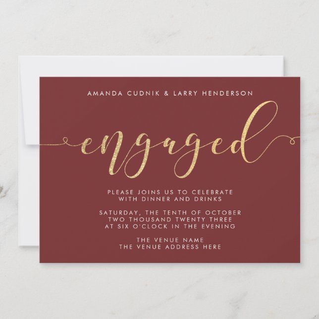 Fancy Burgundy & Gold Engagement Party Invitation (Front)