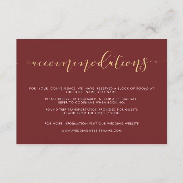 Fancy Burgundy & Gold Wedding Accommodations Cards (Front)