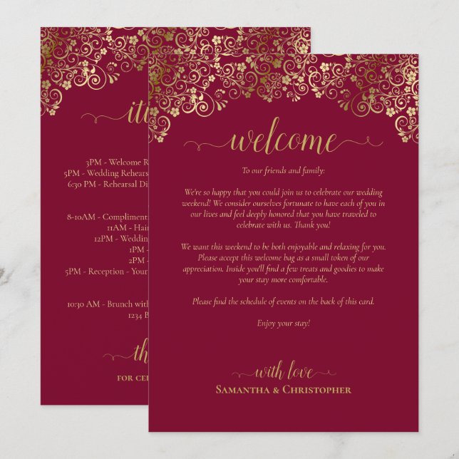 Fancy Burgundy & Gold Wedding Welcome & Itinerary Program (Front/Back)