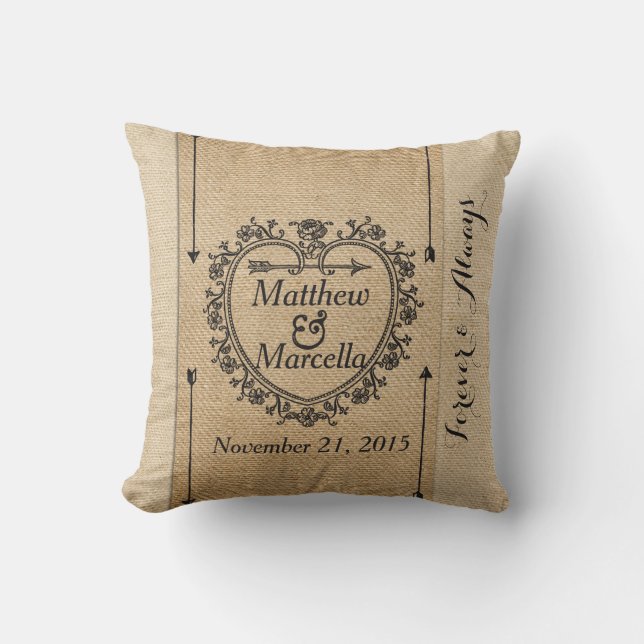 Fancy Burlap Anniversary Date Heart Personalized Throw Pillow (Front)