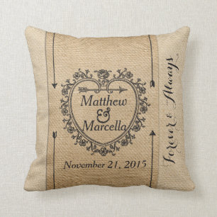 Fancy Burlap Anniversary Date Heart Personalized Throw Pillow