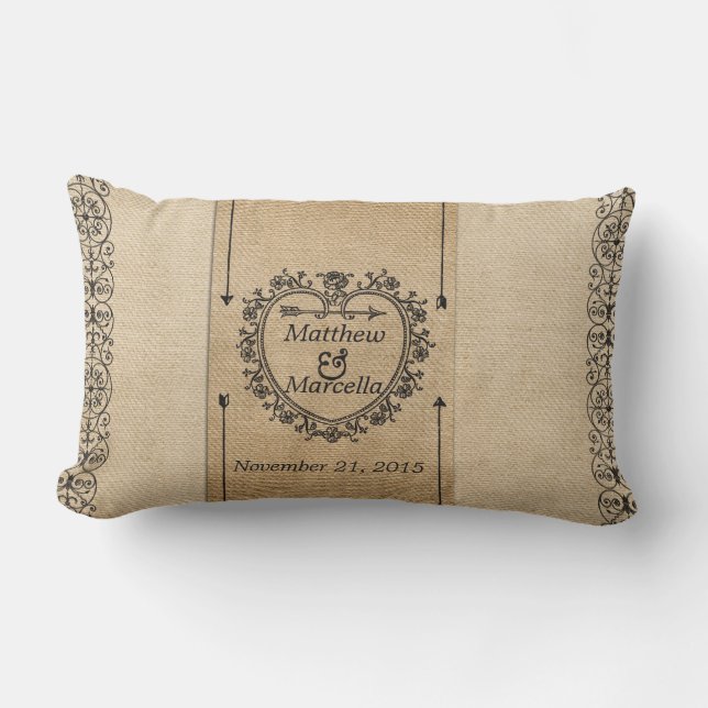 Fancy Burlap Wedding Date Heart Personalized Lumbar Pillow (Front)