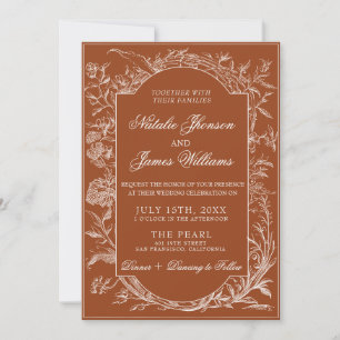 Fancy Burnt Orange Floral Boho Terracotta Wedding Invitation