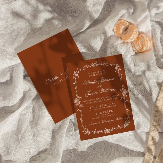 Fancy Burnt Orange Floral Boho Terracotta Wedding Invitation (Creator Uploaded)