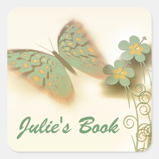 Fancy Butterfly & Flowers Square Sticker (Front)