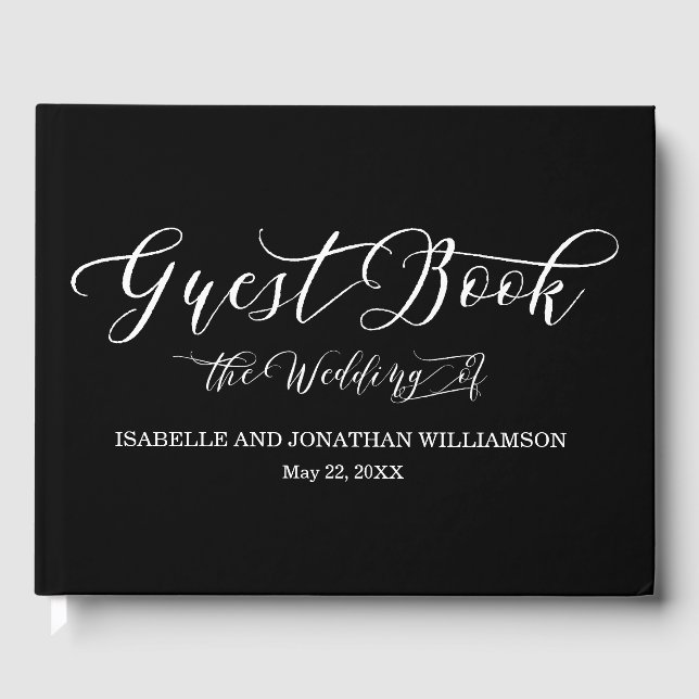 Fancy Calligraphy Black White Elegant Guest Book (Front)