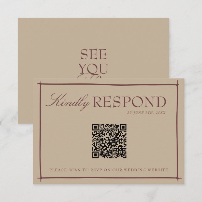 Fancy Camel Coat Rubine Old Money QR Code Wedding RSVP Card (Front/Back)