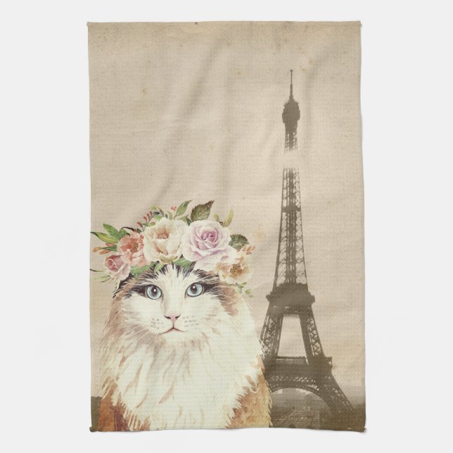 Fancy Cat & Eiffel  Kitchen Towel (Vertical)