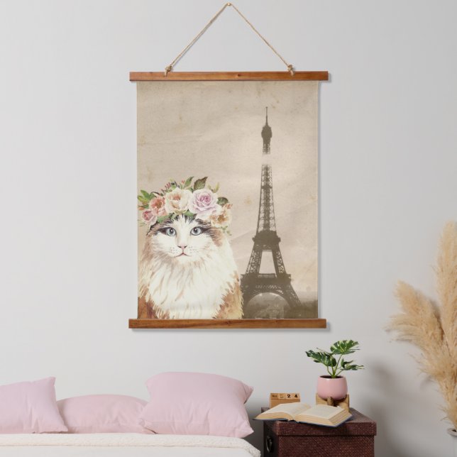Fancy Cat & Eiffel Tower  Hanging Tapestry (Bedroom)