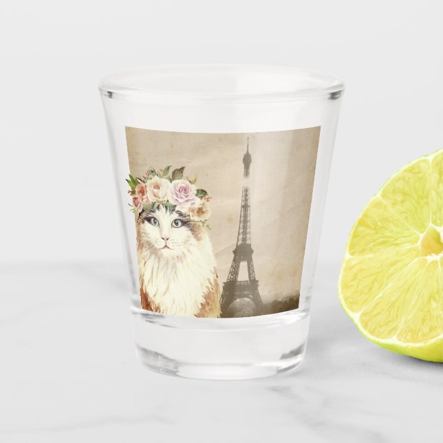 Fancy Cat & Eiffel Tower  Shot Glass (Front)