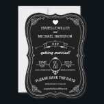 Fancy Chalkboard Vintage Bracket Save the Date<br><div class="desc">A lovely vintage-themed chalkboard style Save the Date announcement designed for the bracket shape of invitations, this card includes an eclectic mix of typography, a whimsical banner and scrolling frames to highlight your upcoming wedding celebration. Perfect for any chalkboard theme, rustic, barn or country style wedding, the white text on...</div>