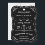 Fancy Chalkboard Vintage Bracket Save the Date<br><div class="desc">A lovely vintage-themed chalkboard style Save the Date announcement designed for the bracket shape of invitations, this card includes an eclectic mix of typography, a whimsical banner and scrolling frames to highlight your upcoming wedding celebration. Perfect for any chalkboard theme, rustic, barn or country style wedding, the white text on...</div>