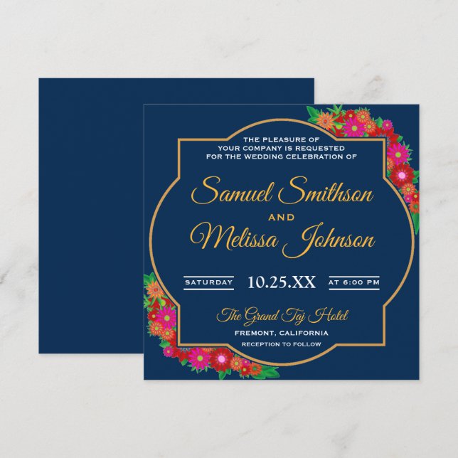 Fancy Chic Floral Frame Blue Wedding Invitation (Front/Back)