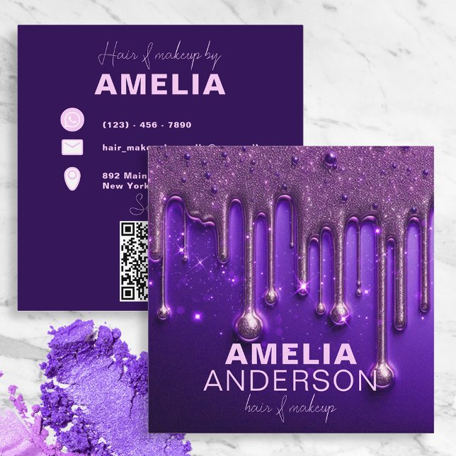 Fancy Chic Glam Purple Paint Drip Hair Makeup Square Business Card (Creator Uploaded)