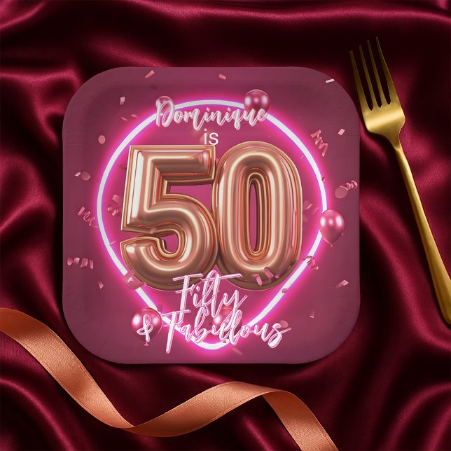 Fancy Chic Neon Glow Up Rose Gold 50th Birthday Paper Plate (Creator Uploaded)