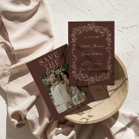 Fancy Chocolate Brown Beige Floral Photo Wedding