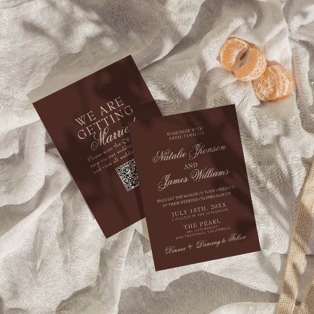 Fancy Chocolate Brown Old Money QR Code Wedding Invitation (Creator Uploaded)
