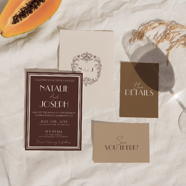 Fancy Chocolate Brown Old Money Retro Wedding Invitation (Creator Uploaded)