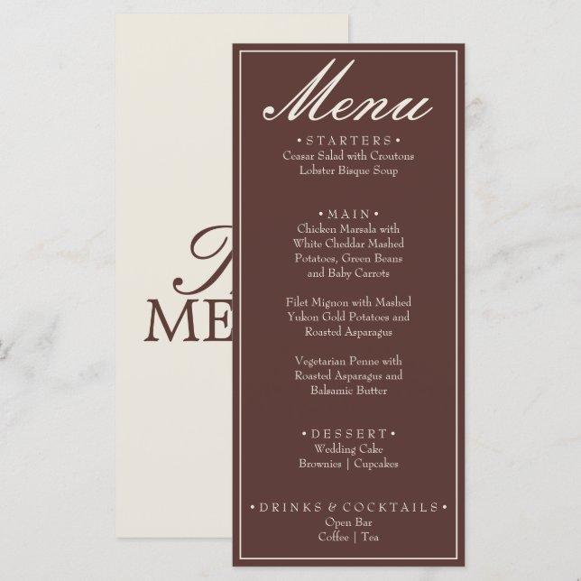 Fancy Chocolate Brown Old Money Retro Wedding Menu (Front/Back)