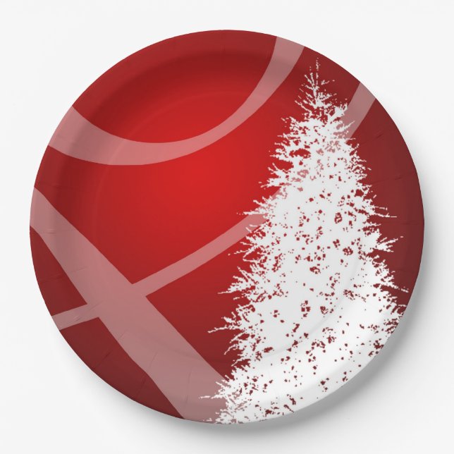 Fancy Christmas Tree Holiday Xmas Design Red White Paper Plate (Front)