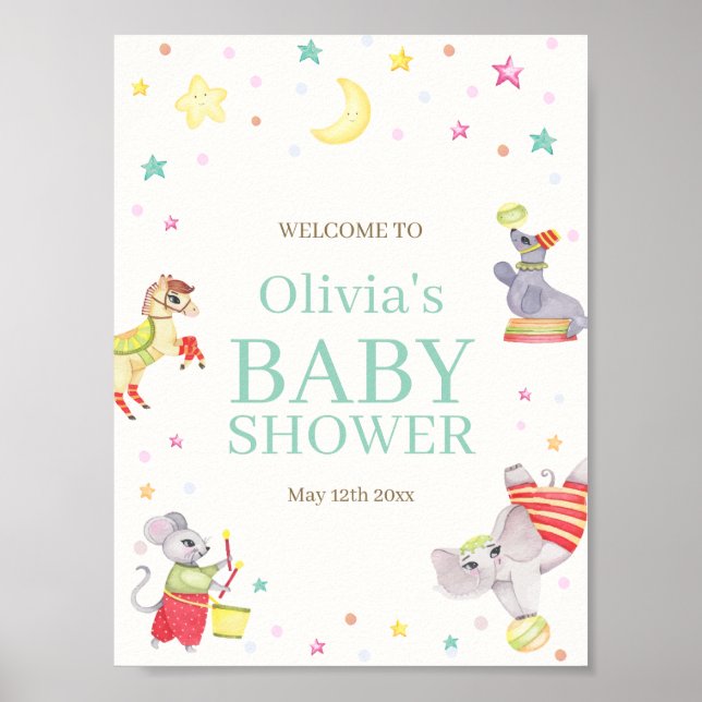 Fancy Circus Carnival Animals Baby Shower Welcome Poster (Front)