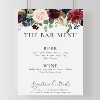 Fancy Classic Flowers Wedding Bar Menu Poster