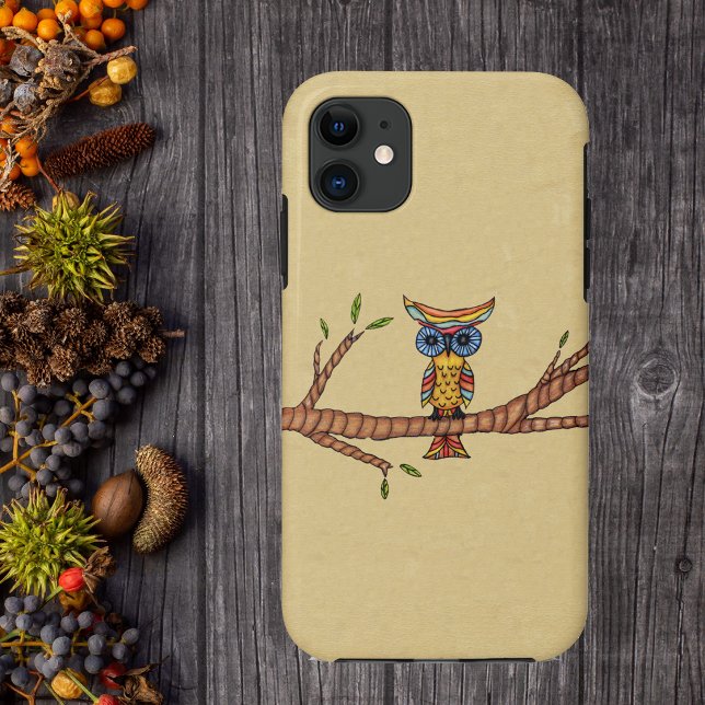 Fancy Colourful Owl Branch Case-Mate iPhone Case (fantasy owl big blue eyes on branch with green leaves on tan phone case.)