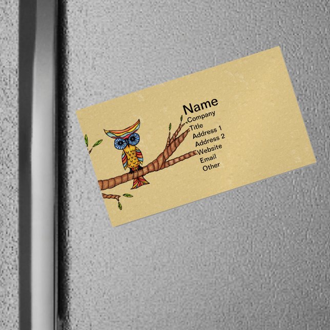 Fancy Colourful Owl Tree Branch Magnetic Business Card (Colourful fantasy owl blue eyes on branch with leaves on tan magnetic business card.)